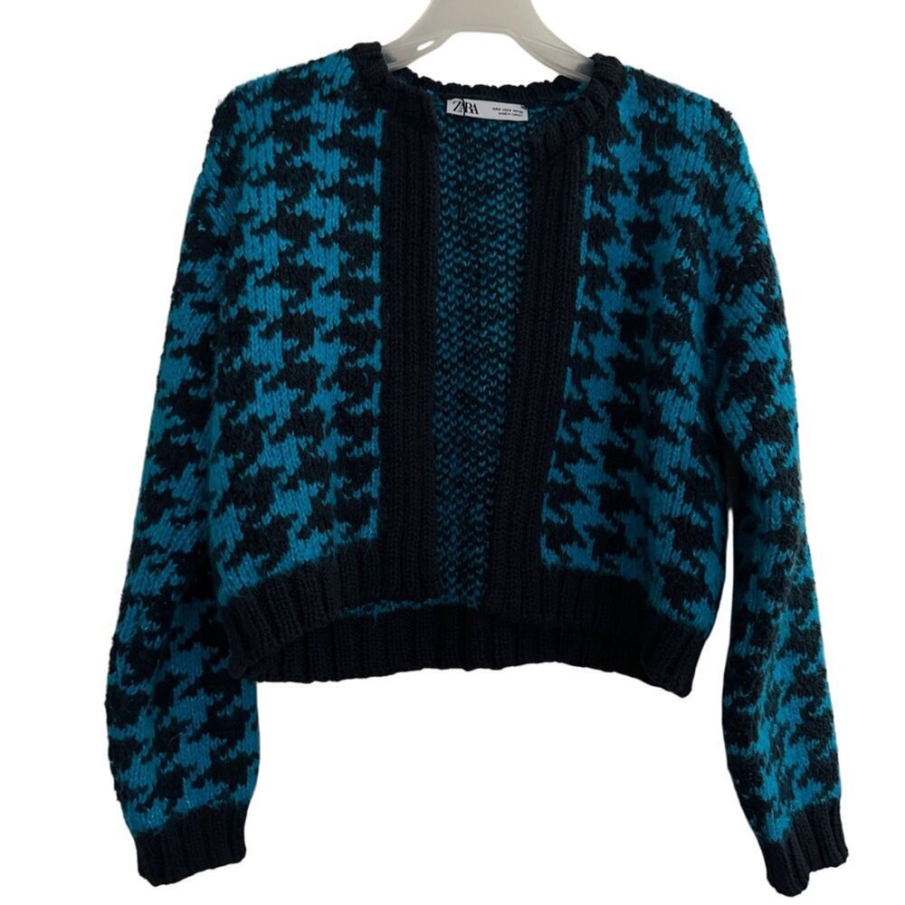 Zara Houndstooth Knit Open Front Cardigan Blue Black Size S NEW